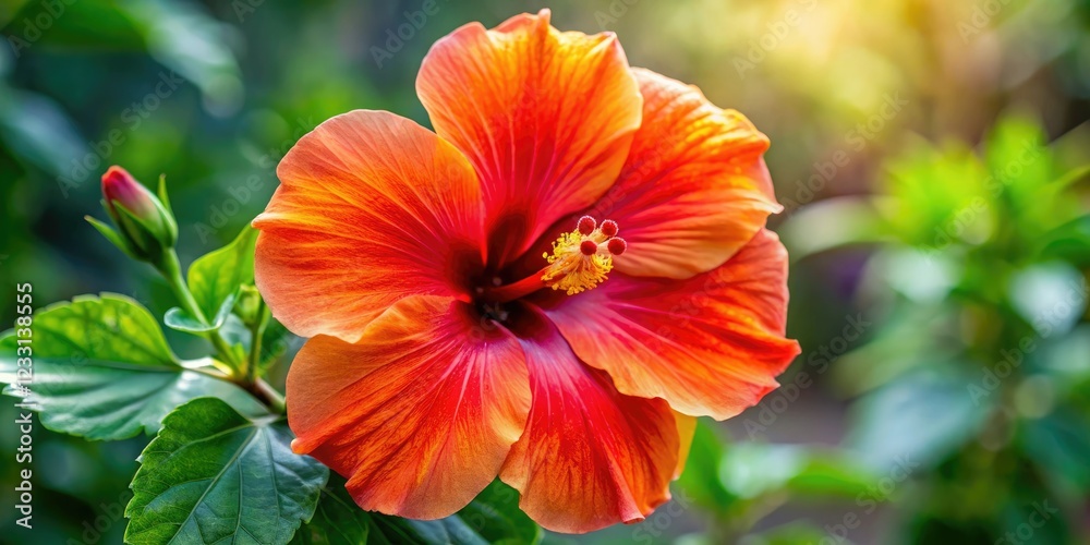 Large hibiscus flower with bright orange-red petals and yellow center, sunflower, blossom Large hibiscus flower with bright orange-red petals and yellow center, sunflower, blossom