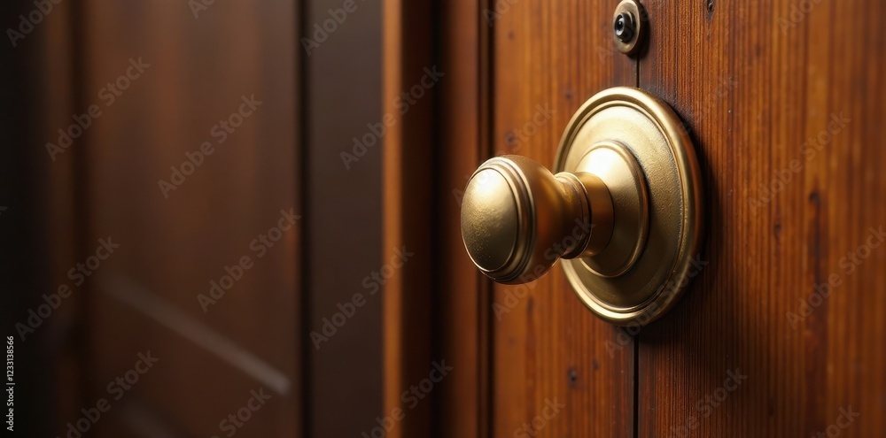 Fototapeta premium Elegant brass door handle and latch on rich veneer door , contemporary, style