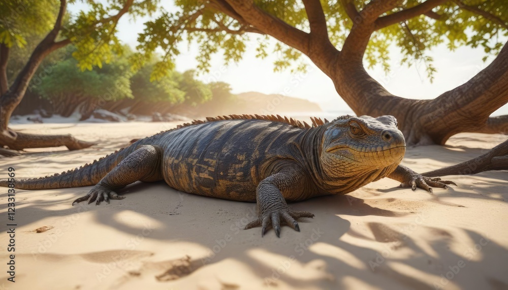 Fototapeta premium Large reptile lying still on sandy beach under tree branches, wildlife, reptile, nature