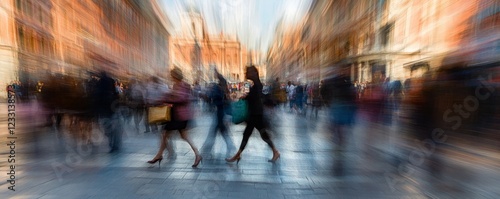 A throng of anonymous individuals wandering through a chaotic city street.