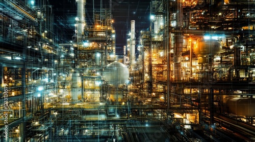 Abstract Industrial Scene with Complex Structures and Bright Lights photo