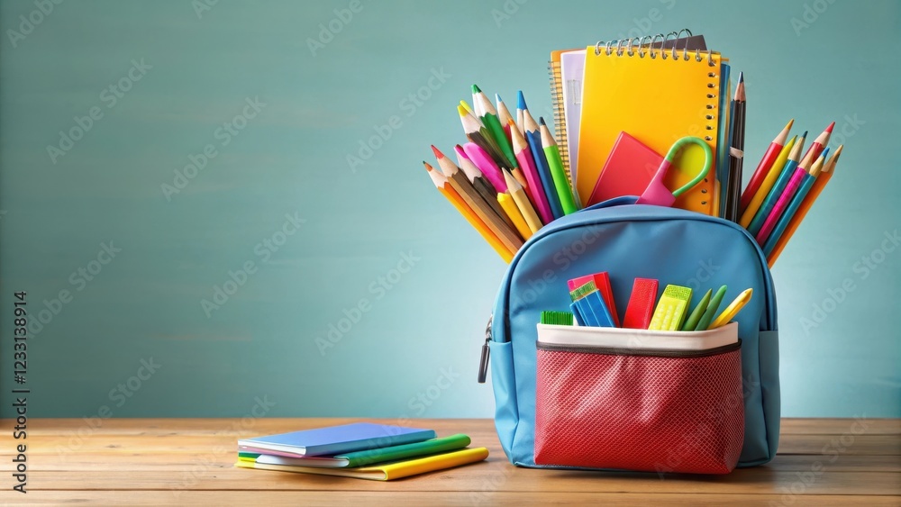Fototapeta premium A colorful flyer design with a background image of a pencil case or a school bag
