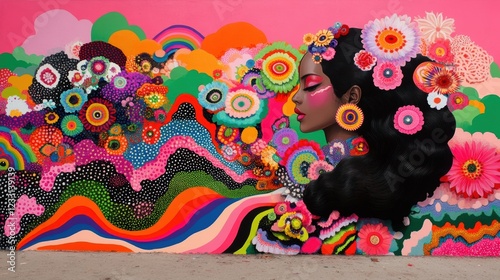 Vibrant Mural Art A Black Woman Adorned with Flowers in a Colorful Landscape photo