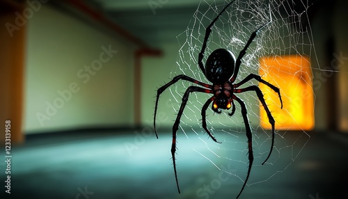 A spooky black widow spider spinning a glowing web in a dimly lit room