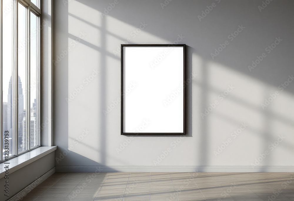 A white-framed picture frame with a blank white canvas hangs on a light gray wall, with a large window offering a view of a city skyline. A4 frame mockup A white-framed picture frame with a blank white canvas hangs on a light gray wall, with a large window offering a view of a city skyline. A4 frame mockup