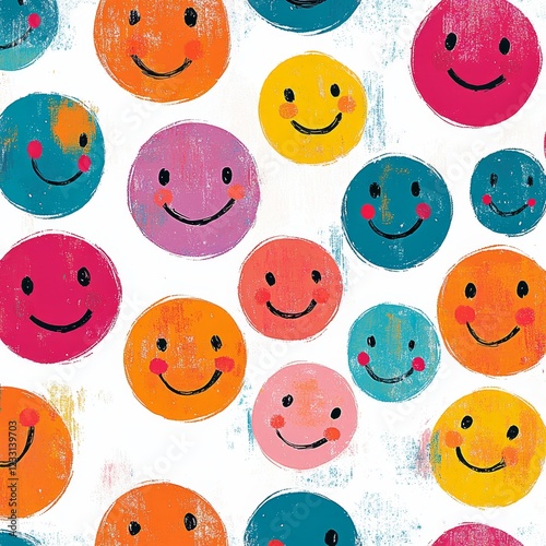 An illustration of children in a vibrant, seamlessly patterned design, featuring multi-color cartoon characters with a humorous, childlike doodle style. The underlying theme represents a friendly