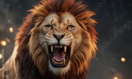 Fiery lion with open mouth and blazing breath, roaring beast, glowing maw