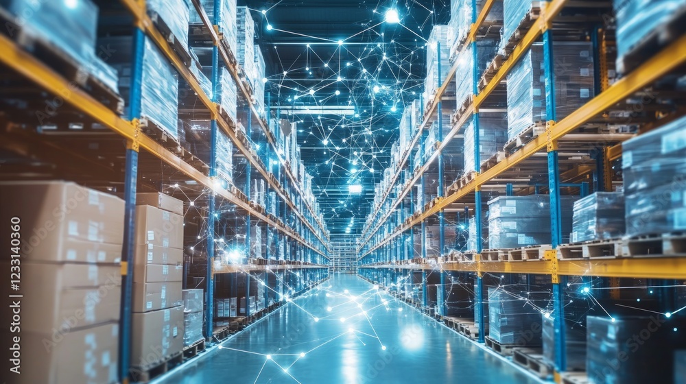 Obraz premium Modern Warehouse with Connected Technology and Digital Network Illustration