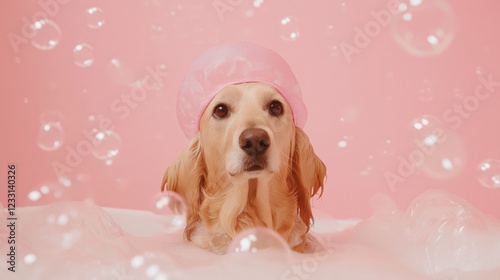 Golden retriever in pink shower cap surrounded by bubbles on soft pink background photo