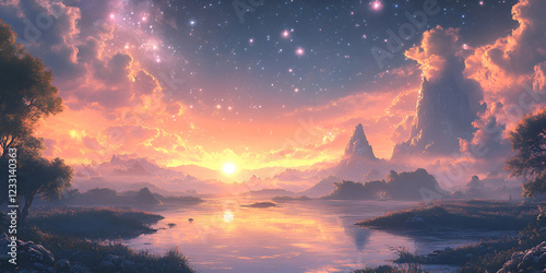 Star-Filled Sky Over a Serene Landscape for a Peaceful Night View photo