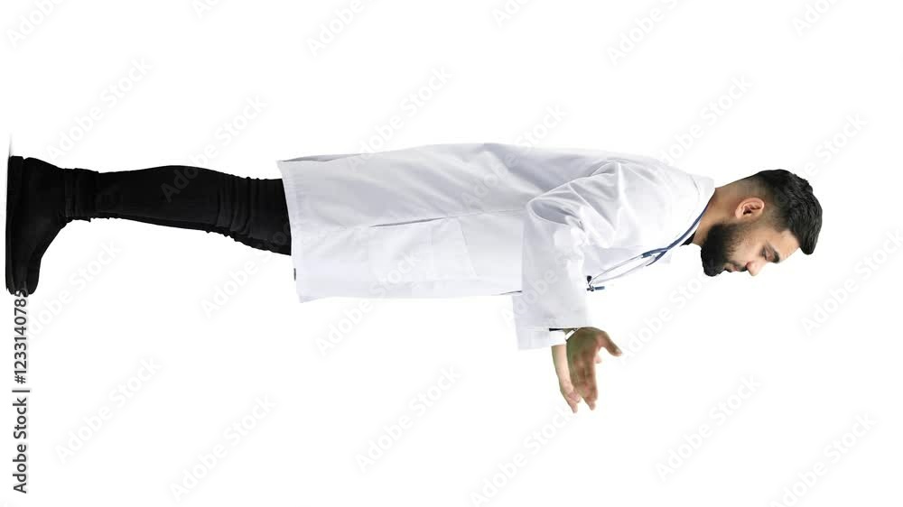 The doctor, in full height, on a white background, spreads his hands The doctor, in full height, on a white background, spreads his hands