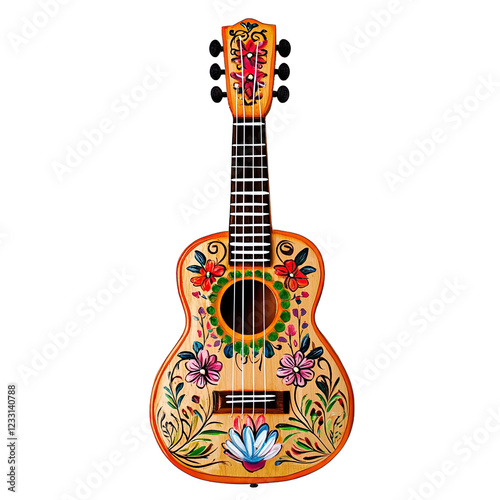 Traditional Mexican Guitar With Flower Ornament for a Flower Festival. Isolated on a Transparent Background. Cutout PNG.