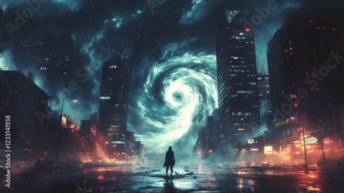 A swirling vortex dominates a rain-soaked city.