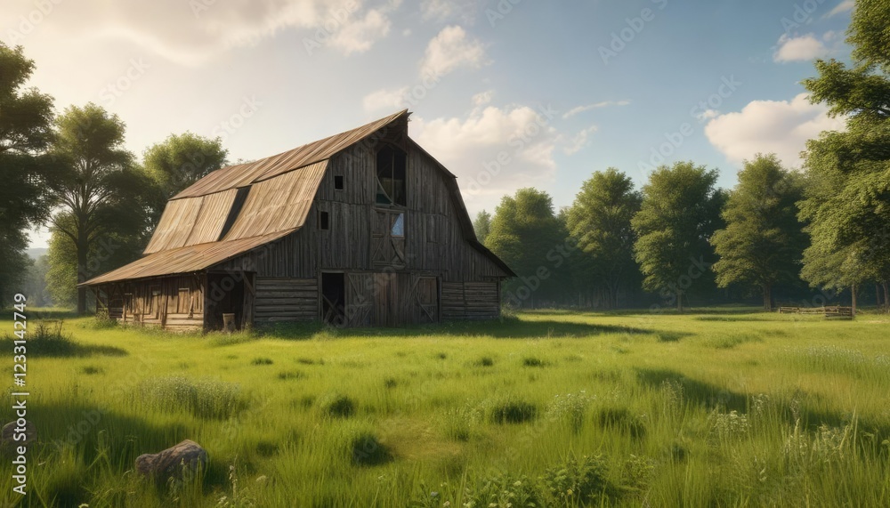 Old rustic barn in the middle of a lush green meadow, farm, vintage, peaceful Old rustic barn in the middle of a lush green meadow, farm, vintage, peaceful