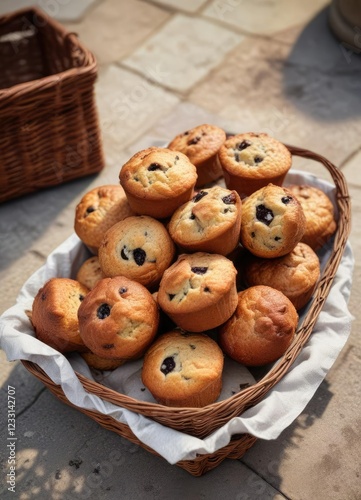 Old-fashioned cinnamon raisin muffins arranged in a vintage wicker basket on a stone patio, cobblestone, garden, outdoor furniture