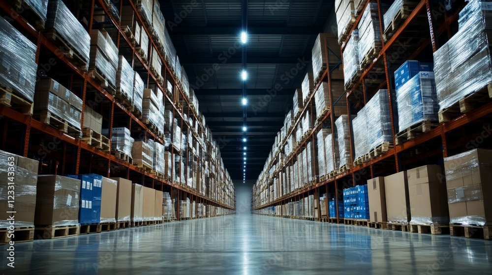 Warehouse Interior with Aisle of Shelves Stocked with Goods Warehouse Interior with Aisle of Shelves Stocked with Goods