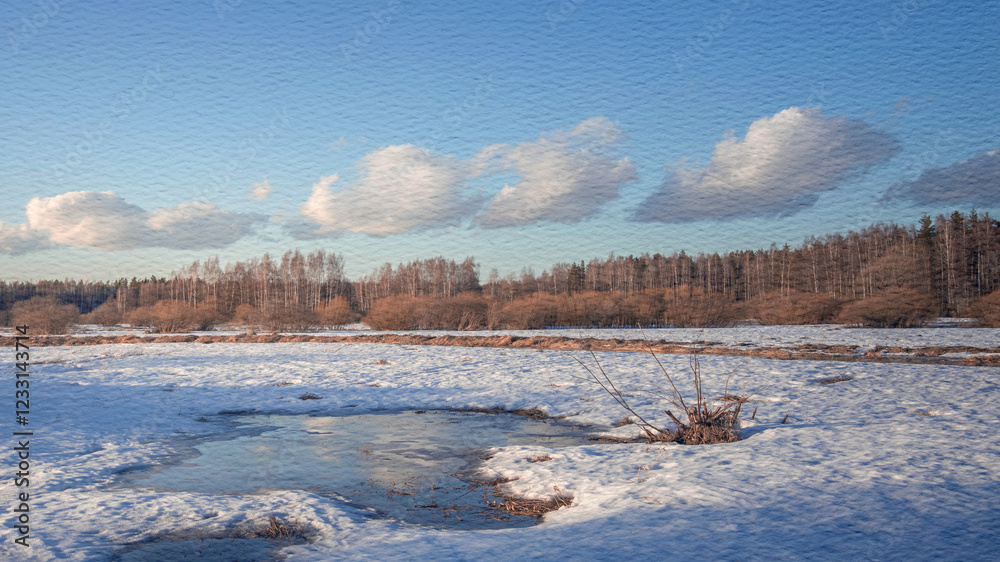Snowy field with a small pond in the middle Snowy field with a small pond in the middle