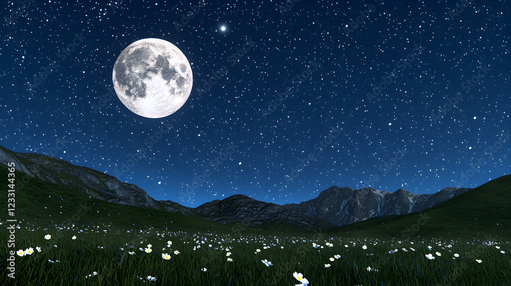 Naklejka premium Full moon over grassy mountains at night