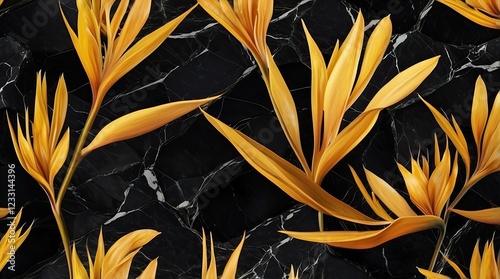 Elegant golden tropical leaves on black background, luxury botanical pattern photo