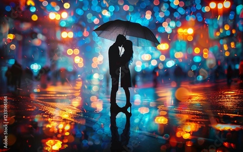 Couple Sharing a Kiss Under an Umbrella in the Rain: A Romantic Moment photo