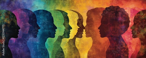 Vibrant, small squares containing sketches of heads and faces collectively depict abstract human diversity.