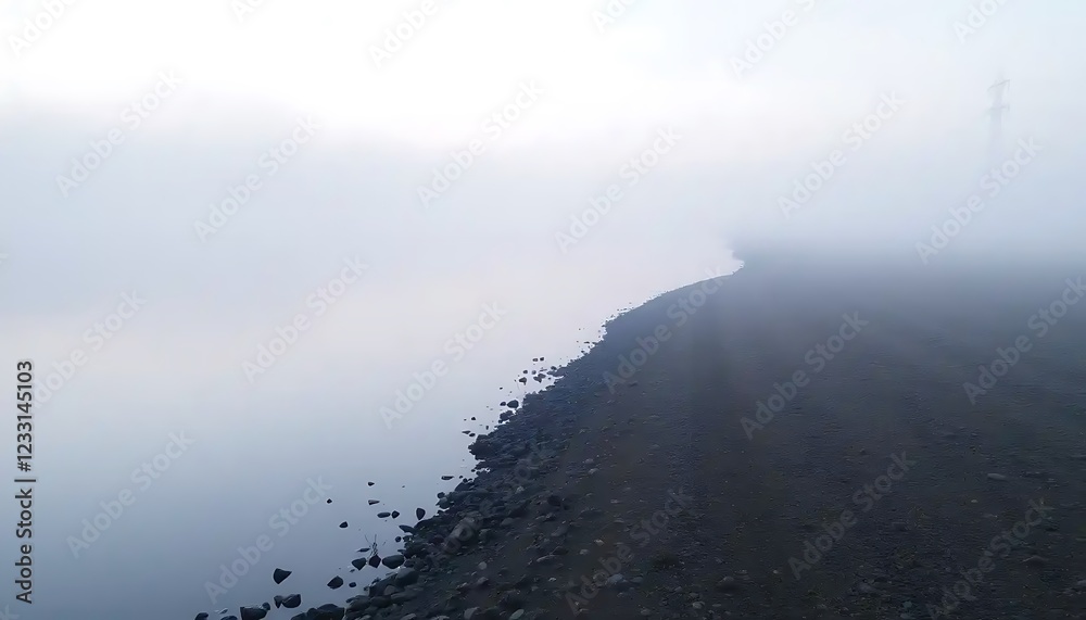 Fototapeta premium Misty Morning Shoreline Pebbles And Fog