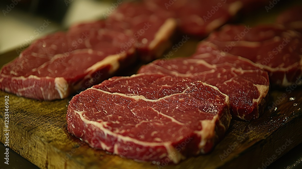 Raw steaks on cutting board in kitchen, meal preparation Raw steaks on cutting board in kitchen, meal preparation