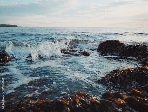 Waves crashing on seaweed covered rocks with a clear horizon and cloudy sky photo