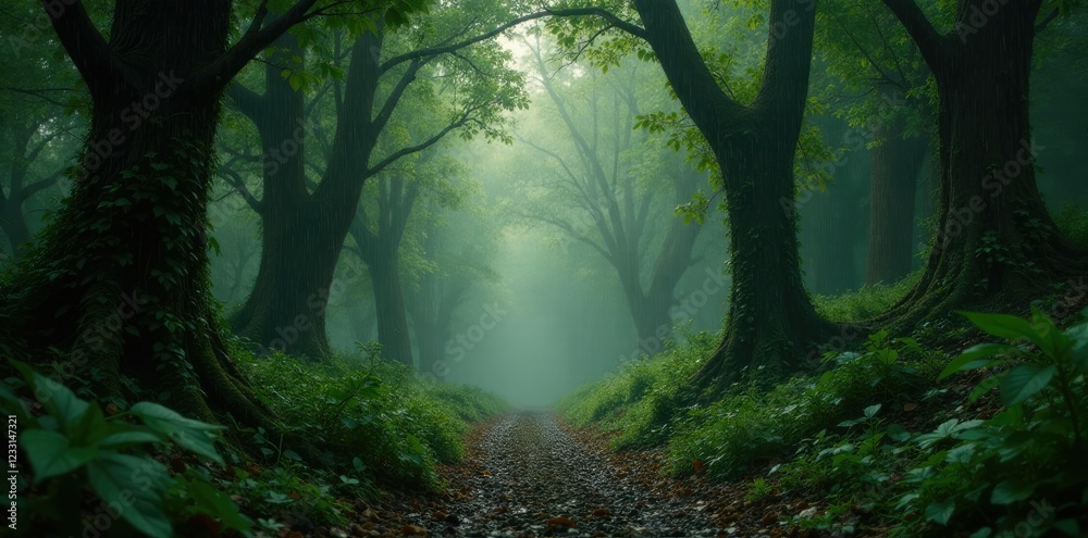 Obraz premium A dense forest covered in wet leaves and vines with a greyish brown sky, rainy weather, somber