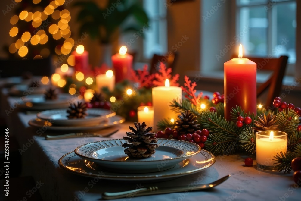 Candlelit dinner table with snowflakes and pinecones decor, dining table, festive Candlelit dinner table with snowflakes and pinecones decor, dining table, festive