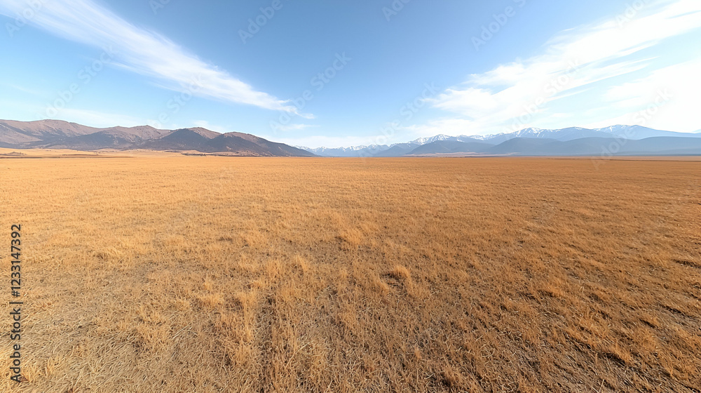 Fototapeta premium Vast steppe landscape under blue sky, mountains background, nature photography