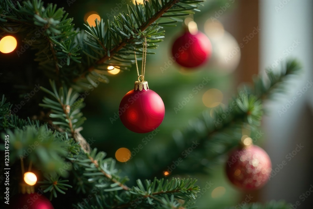 Decorated Christmas tree with garland and mistletoe hanging from branches, mistletoe draped on branch,