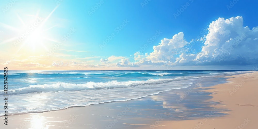 Obraz premium Sunny Beach Scene with Waves and Clouds
