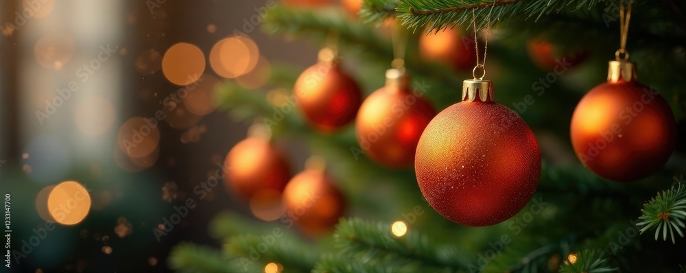 Fototapeta premium Fiery orange ornaments suspended in mid-air on a Christmas tree, soft focus, autumnal vibes
