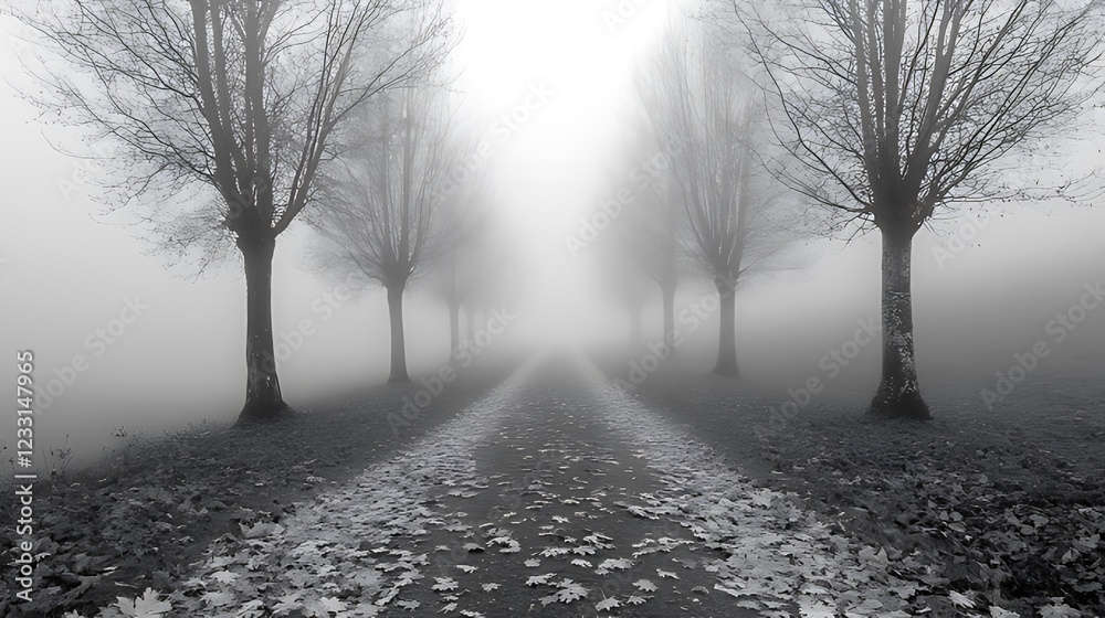 Obraz premium Foggy autumn lane, leaf-strewn path, trees, misty background, nature scene