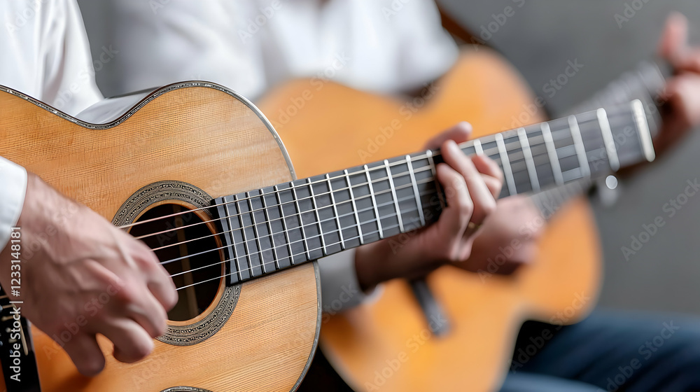 Fototapeta premium Guitarists playing acoustic guitars indoors