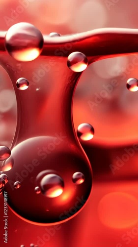 Bubbles float in vibrant red liquid creating an abstract visual in a close-up perspective during dreamlike light conditions