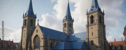 Historic collegiate church with imposing blue-tiled roof and towers, Austrian Alps, college church