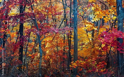 A dense autumn forest with vibrant leaves in shades of red and orange