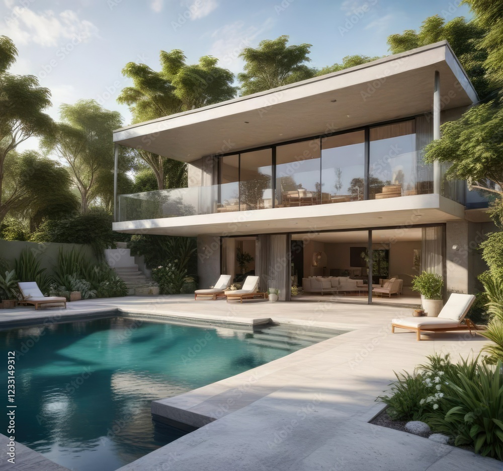 Fototapeta premium House with a pool and a spacious patio featuring a stunning garden view, outdoor space, peaceful ambiance