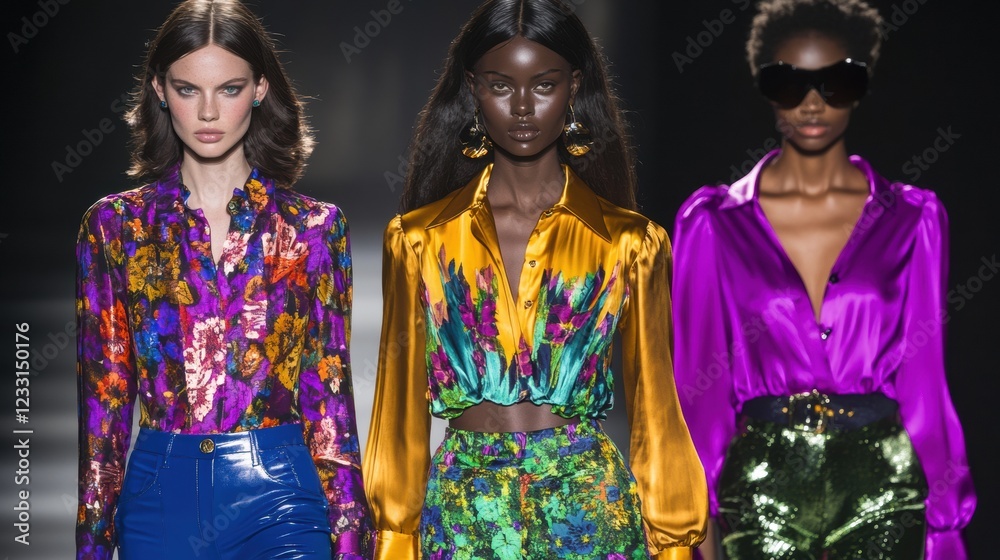 Fototapeta premium A fashion show featuring three models in vibrant, colorful outfits.