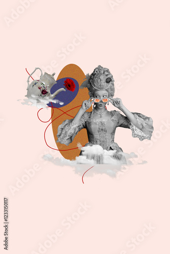 Creative sketch design artwork collage of rococo elegance powdered wig aristocracy young woman hold sunglass tea pot rest pause relax cafe