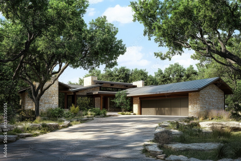 Naklejka premium Modern stone house nestled among trees with a spacious driveway and landscaped gardens in a serene outdoor setting on a bright sunny day