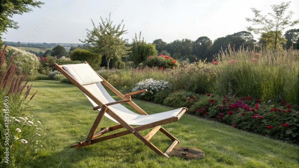 Fototapeta premium Isolated wooden deck chair placed in the middle of a pristine white lawn surrounded by lush greenery and vibrant flowers, deck chair, , lawn furniture, gardening accessories