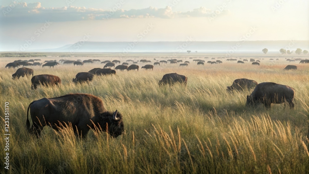 Large buffalo herd grazing in a field of tall grasses, large group, natural beauty, tall grasses, fields