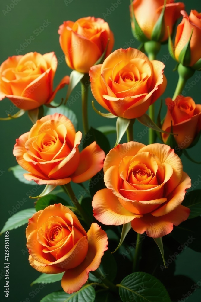 Large bunch of orange roses with green leaves and stems, flower bunch, greenery Large bunch of orange roses with green leaves and stems, flower bunch, greenery