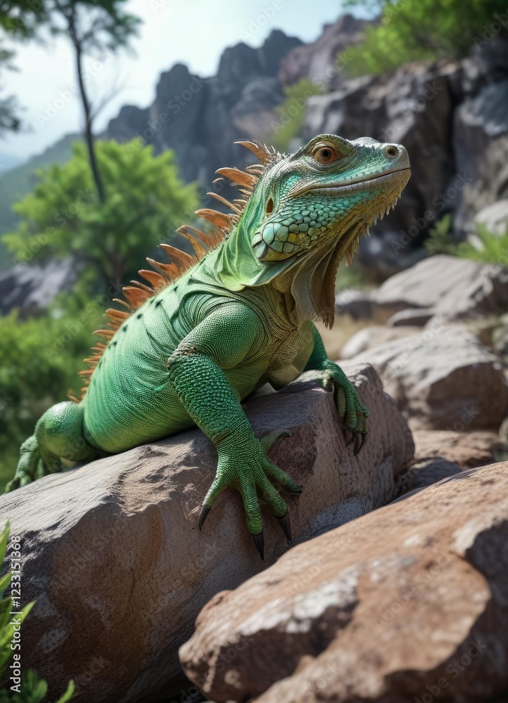 Large green iguana sprawls on rocky outcropping , lizard, tropical climate, green iguana Large green iguana sprawls on rocky outcropping , lizard, tropical climate, green iguana