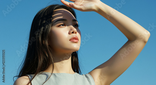 Wallpaper Mural Woman portrait with hand over face in bright sunlight. Woman with long dark hair looks up blocking sun with her hand Torontodigital.ca