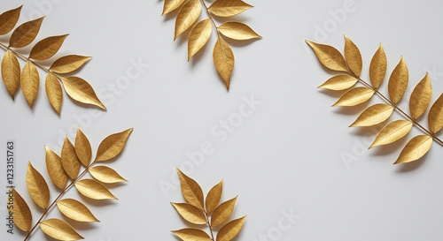 "Minimalistic golden leaves with soft shadows on a white background."