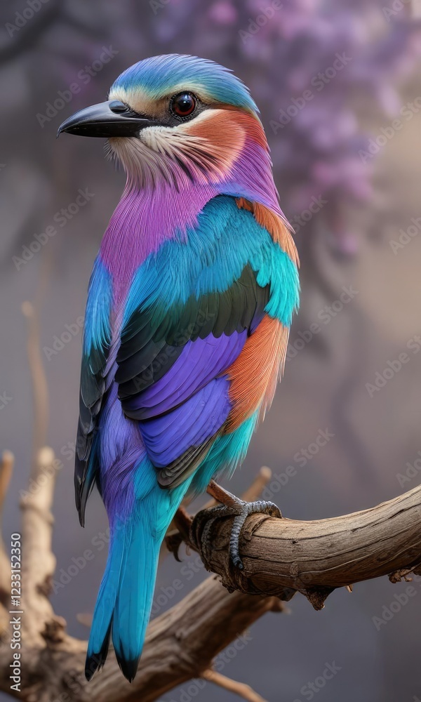 Obraz premium Lilac breasted roller with striking colors perched on a branch, blue sky, majestic, sunshine, regal